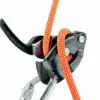 Petzl Grigri 2 Belay Device with orange climbing rope and carabiner